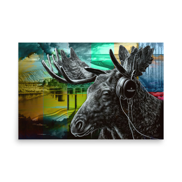 Poster — Moose Wearing Headphones in Front of Tailing Pond
