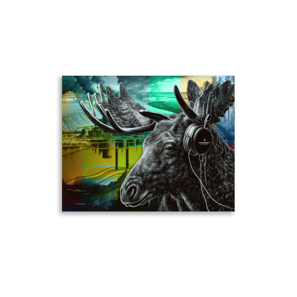 Poster — Moose Wearing Headphones in Front of Tailing Pond