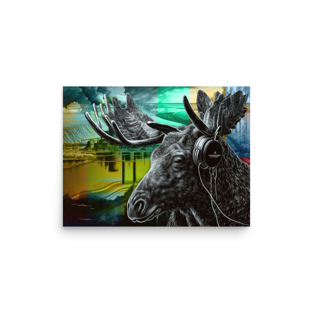 Poster — Moose Wearing Headphones in Front of Tailing Pond