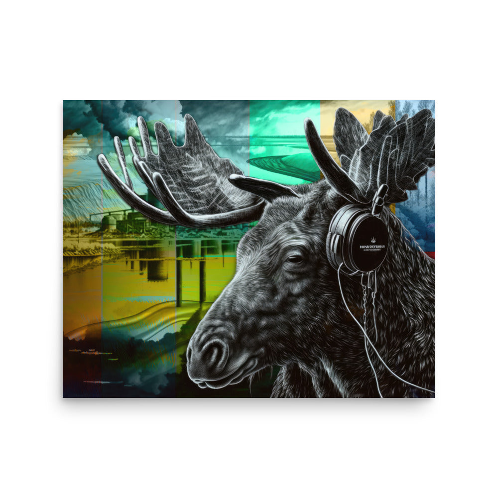 Poster — Moose Wearing Headphones in Front of Tailing Pond