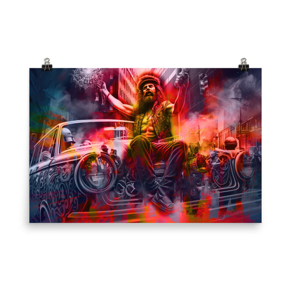 Poster — Hippie Sitting on a Car at a Protest