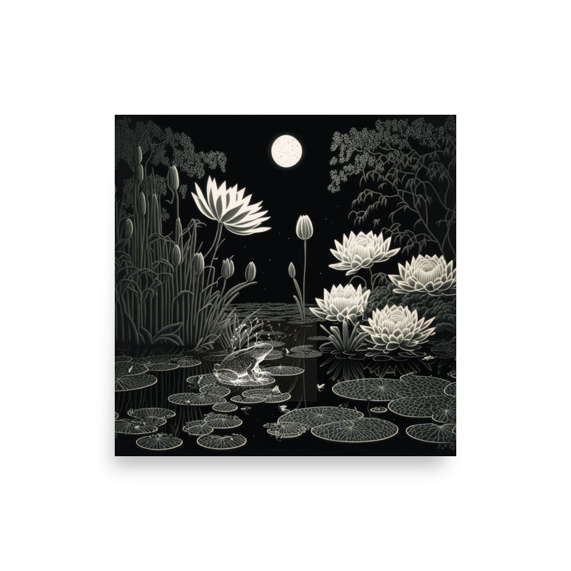 Frog Sitting on Lilypad at Night — Poster