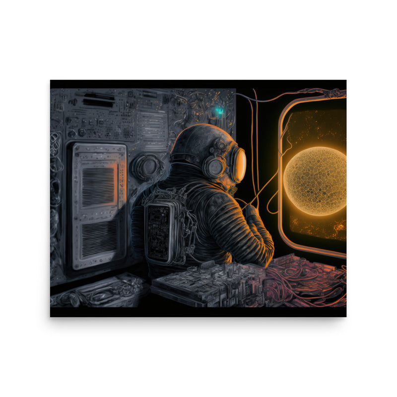 Line Drawing of Space Suit Looking at UI — Poster