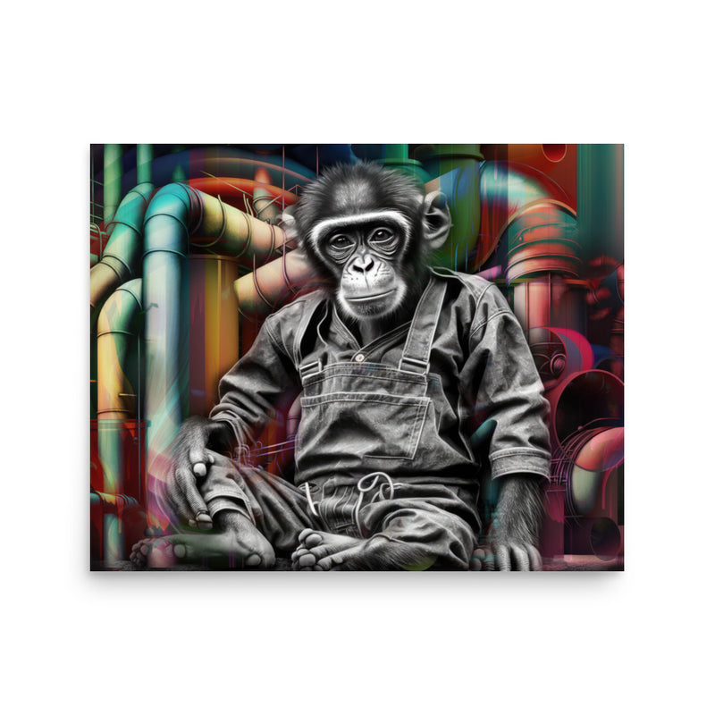 Poster — Monkey Sitting in front of Industrial Background.