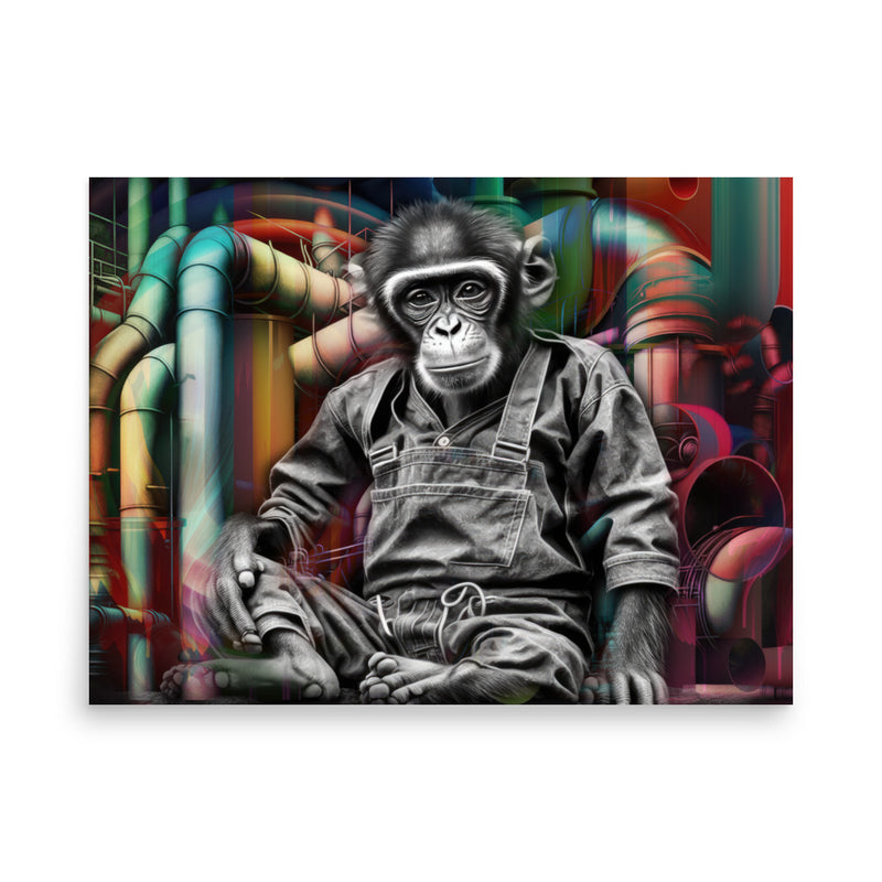 Poster — Monkey Sitting in front of Industrial Background.