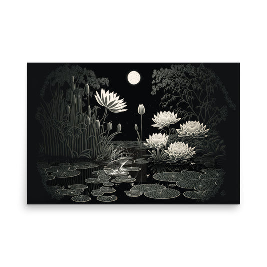 Frog Sitting on Lilypad at Night — Poster